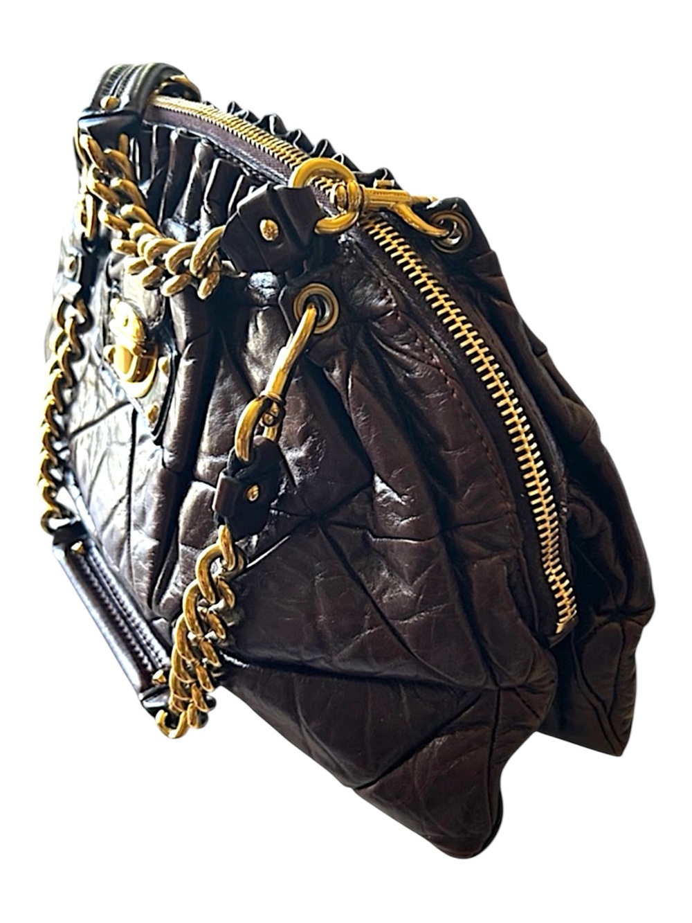 MARC JACOBS Cabra Quilted Dark Brown Leather Shoulder Bag Gold Hardware ITALY